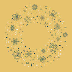 round frame with a pattern of blue and white snowflakes on a beige background