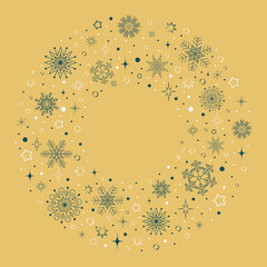 round frame with a pattern of blue and white snowflakes on a beige background
