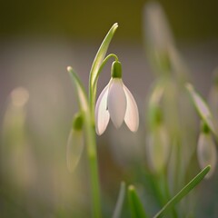 Snowdrops - spring flowers. Beautifully blooming in the grass at sunset. Delicate Snowdrop flower is one of the spring symbols. (Amaryllidaceae - Galanthus nivalis)