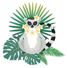 Lemur with tropical plants