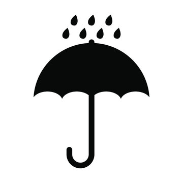 Keep dry shipping package label. Umbrella with rain drops icon. Raining weather symbol. Vector illustration isolated on white background.