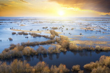 Hight water river on sunset.
