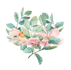 An elegant bouquet of pale pink flowers and green leaves, hand-drawn in watercolor on a white background. Great for wedding invitations, cards