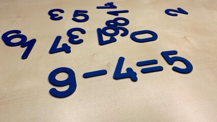 Plastic numbers and figures for the development of the child's intelligence, simple operations with numbers for education in childhood