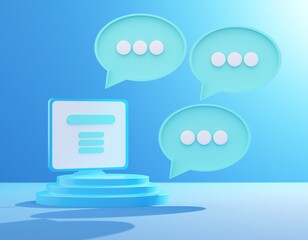 3D render illustration Computer laptop with speech bubble messages. Online marketing. Internet correspondence via laptop. Banner template on blue background with empty copy space for promotion.