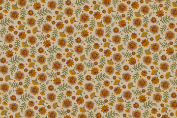 Vintage background with yellow flowers. Raster illustration with floral ornament. Packing, wrapping, scrapbooking.