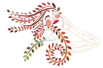 Woman smiles closed eyes and floral colorful line art