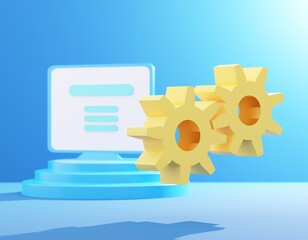 3d render illustration yellow gears with laptop computer on the blue background.