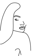 Vector illustration on white background. Continuous black line, portrait of a woman. Fashion concept, graphic design for slogan, t-shirt. © Anada77