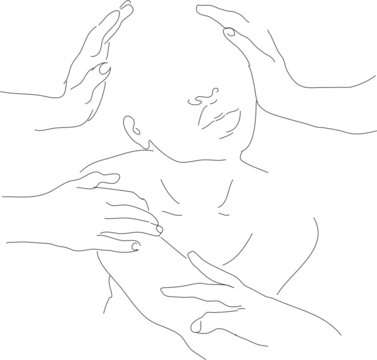 Black and white vector sketch . Profile silhouette of the girl with hands  isolated on a white background.