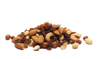 Nuts and raisin, mix roasted peanuts, raisins, hazelnut, almond, cashew isolated on white 