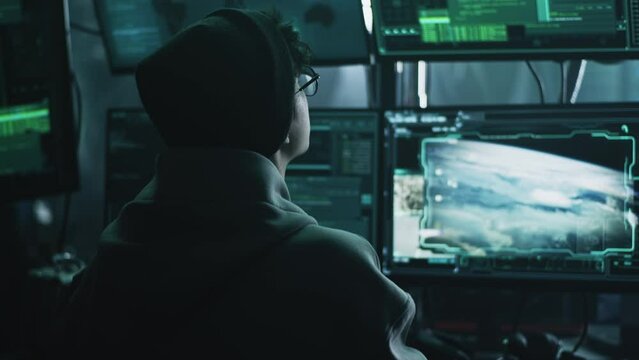 Young male hacker in hat and glasses using computers to hack nuclear warhead and start war while sitting at table in dark room