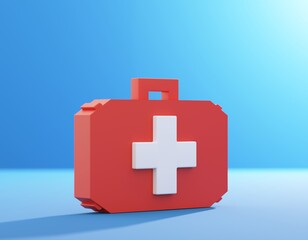 3d render illustration Red color first aid kit on a blue background.