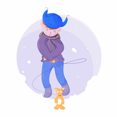Obraz na płótnie Canvas Happy boy dressed in blue ear flap hat walking out with a light orange, yellow dog on winter day. Red hair smiling kid with shut eyes keeping a dog on leash. The dog is holding a big snow ball. 