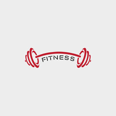 Fitness Gym logo design template with exercising athletic man and woman isolated on red, vector illustration.