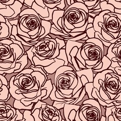 Vector seamless pattern. Coffeeoutline rose flowers on dark background