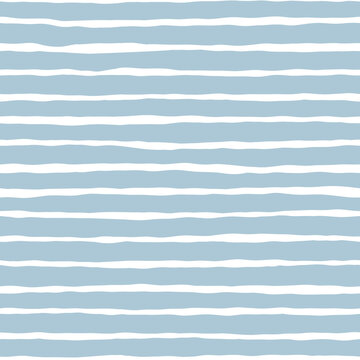 Wavy Stripes Seamless Pattern. Hand Drawn Curve Lines. Doodle Uneven Waves. Vector Striped Blue White Background.