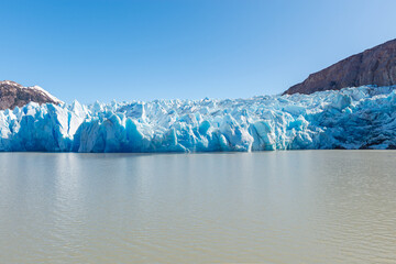 Panoramic landscape of Grey Glacier by Lago Grey in spring, Torres del Paine national park, Patagonia, Chile.