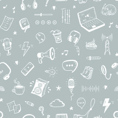 Social media, Internet, Podcast Show Doodle Icons Vector Seamless Pattern. Background with Different Podcast Equipment and Items. Workplace of Radio Host or Blogger.