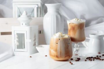 Iced coffee with cream and natural ice.