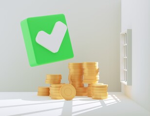 3D render illustration Realistic check mark button on blue background with empty copy space for text. Yes or correct sign 3d interface button in white room with window and coins