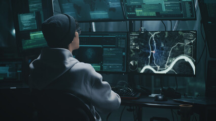 Teenage hacker with glasses watching a car on a monitor and pressing a keyboard in a dark cybercriminal hideout with lamps during a cyberattack