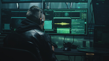 Young man with headset stealing private data from victim by making call from high tech base with...