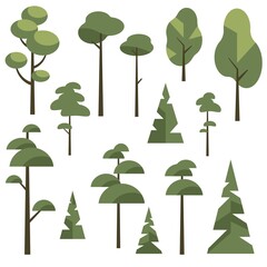 Vector collection of illustrations of trees. A set of isolated objects on a white background. Flat style