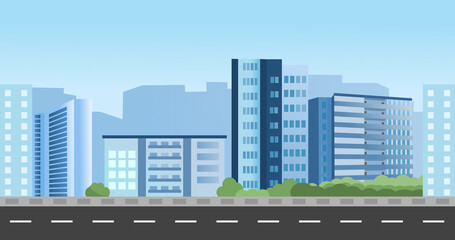 Seamless city background street view with road, trees  and houses 