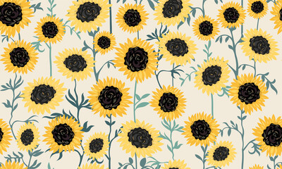 Seamless pattern with sunflowers on a light white background. Abstract floral print in vintage artistic style. Rustic, Provencal motifs field summer / autumn flowers. Vector illustration