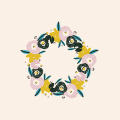 Cute botanical floral wreath illustration. Vector card, print, design