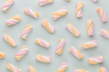 Colorful marshmallows on pastel background.