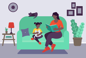 mom is reading to daugther vector illustration in flat style