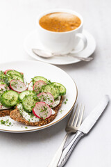 Fototapeta na wymiar Keto Toasts with cucumber, egg, mozzarella and microgreens.