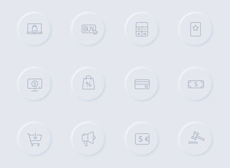 e commerce gray vector icons on round rubber buttons. e commerce icon set for web, mobile apps, ui design and promo business polygraphy