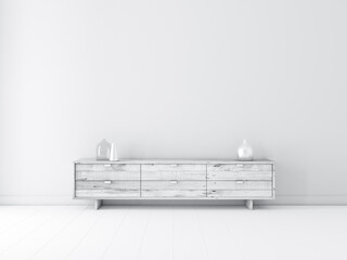 Modern wooden tv console mockup in empty room, white commode