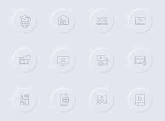 e learning gray vector icons on round rubber buttons. e learning icon set for web, mobile apps, ui design and promo business polygraphy
