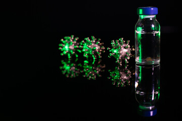 Glass jars with antibodies. A powerful angry virus with a face. The coronavirus is slightly blurred.
