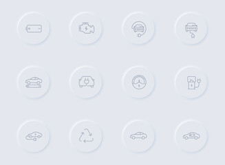 Fototapeta premium electro car gray vector icons on round rubber buttons. electro car icon set for web, mobile apps, ui design and promo business polygraphy