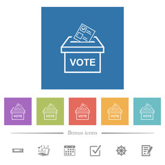 Voting paper and ballot box outline flat white icons in square backgrounds