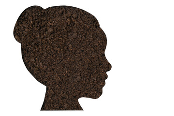 Woman's head profile made of soil isolated on white