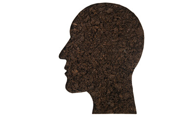 Man's head profile made of soil isolated on white