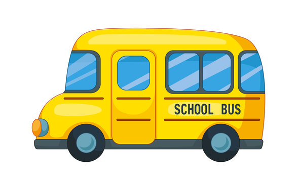 Yellow school bus. American Transport for school and kindergarten. Vector illustration in cartoon childish style. Isolated funny clipart on white background. cute print.