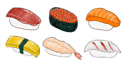 握り寿司　6種類　イラスト　手書き