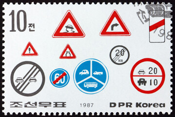 Postage stamp North Korea 1987 traffic signs, road safety
