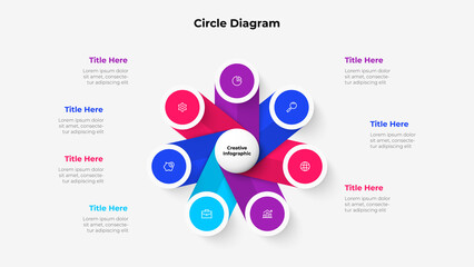 Central circle with seven small circles around it. Design concept of 7 steps or parts of business cycle. Infographic design template. Business data visualization.