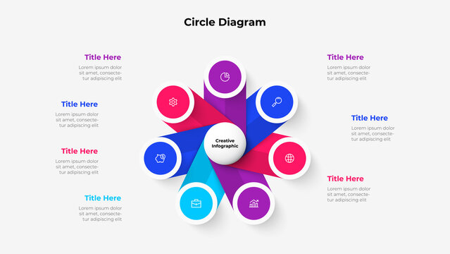 Central circle with seven small circles around it. Design concept of 7 steps or parts of business cycle. Infographic design template. Business data visualization.