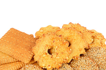 Assortment of cookies isolated on a white. Free space for text.