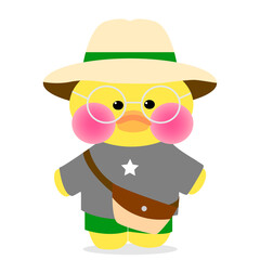 Popular soft toy yellow duck boy in a hat and bag. LALAFANFAN