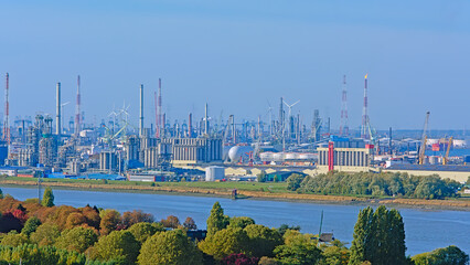 Aerial view on petrochemical industry infrastructure along scheldt river in the port of antwerp, Flanders, Belgium 